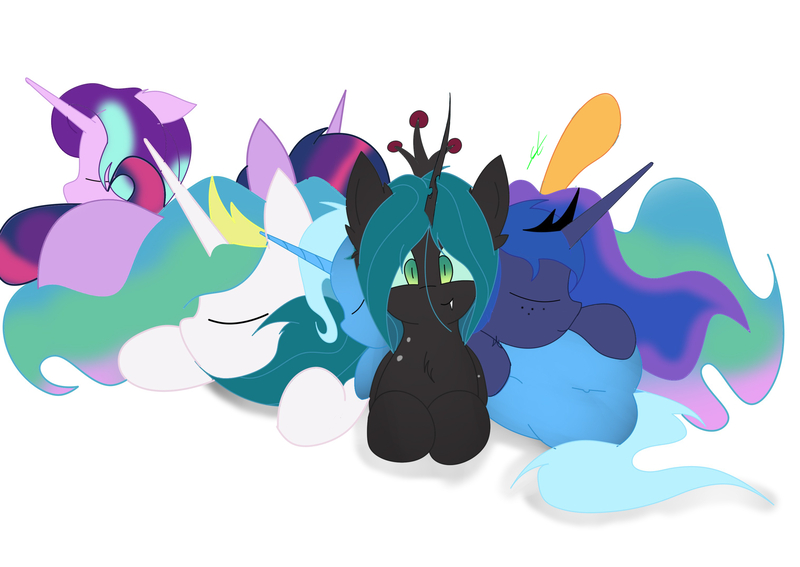Size: 3035x2150 | Tagged: safe, artist:groomlake, derpibooru import, applejack, princess celestia, princess luna, queen chrysalis, starlight glimmer, trixie, twilight sparkle, changeling, changeling queen, pony, colored, crown, female, hug, jewelry, mare, pony pile, regalia, relaxing, silly, simple background, sleeping, snuggling, spots, white background