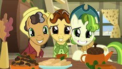 Size: 1280x720 | Tagged: safe, derpibooru import, screencap, butternut, oak nut, pistachio, earth pony, pony, best gift ever, acorn, acorn family, cute, female, hat, ladder, looking at you, male, mare, pistachiaww, smiling, stallion, sweet acorn orchard, teenager, trio