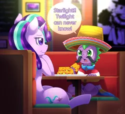 Size: 1500x1371 | Tagged: safe, artist:vavacung, derpibooru import, cheese sandwich, spike, starlight glimmer, dragon, pony, unicorn, baby, baby dragon, betrayal, chair, clothes, cute, cutie mark, dialogue, disguise, duo, facial hair, female, food, glimmerbetes, horn, male, mare, moustache, picture, poncho, quesadilla, restaurant, signature, sombrero, speech bubble, spikabetes, table, text, they're just so cheesy