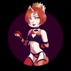 Size: 3200x3174 | Tagged: suggestive, artist:hollybright, derpibooru import, oc, oc:etoz, unofficial characters only, anthro, unicorn, anthro oc, belly button, black underwear, boob window, bra, breasts, choker, clothes, commission, costume, crop top bra, crown, digital art, fangs, female, green eyes, halloween, halloween costume, happy halloween, heart, holiday, jewelry, looking at you, mare, orange hair, orange tail, panties, pumpkin, pumpkin underwear, regalia, smiling, smirk, socks, solo, stockings, striped socks, striped stockings, thigh highs, underwear, ych result