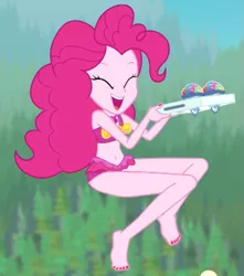 Size: 765x865 | Tagged: safe, derpibooru import, edit, edited screencap, editor:logan jones, screencap, pinkie pie, equestria girls, equestria girls series, too hot to handle, adorasexy, barefoot, belly, belly button, clothes, cropped, cute, eyes closed, feet, happy, midriff, nail polish, open mouth, sexy, shaved ice, skirt, solo, swimsuit, swimsuit edit, toes