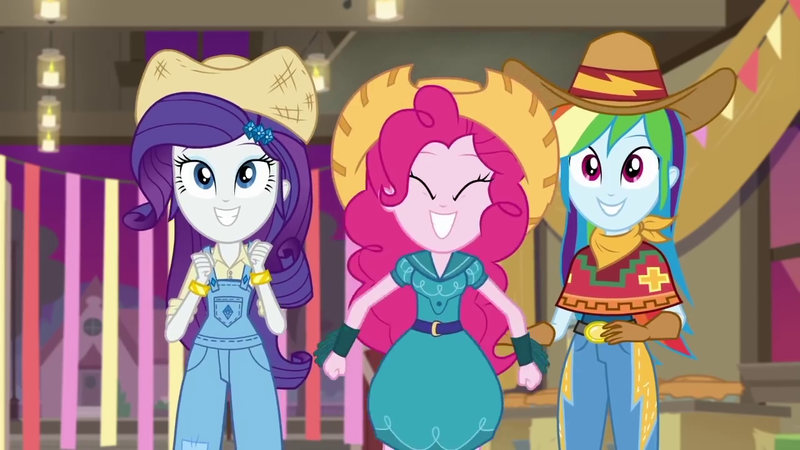 Size: 1280x720 | Tagged: safe, derpibooru import, screencap, pinkie pie, rainbow dash, rarity, equestria girls, equestria girls series, five to nine, cowgirl, cowgirl outfit, farmer pinkie, rarihick