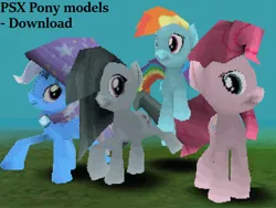 Size: 800x600 | Tagged: safe, artist:fillerartist, derpibooru import, marble pie, pinkie pie, rainbow dash, trixie, earth pony, pegasus, pony, unicorn, 3d, blender, cape, clothes, download at source, downloadable, female, hat, image, looking at you, low poly, mare, model, png, psx, smiling, trixie's cape, trixie's hat