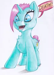 Size: 3216x4496 | Tagged: safe, artist:stallionslaughter, derpibooru import, oc, oc:peppermint flitter, unofficial characters only, pony, colored pencil drawing, solo, suggestive description, traditional art