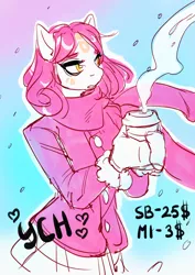 Size: 884x1250 | Tagged: safe, artist:elsyt, derpibooru import, oc, anthro, advertisement, clothes, commission, female, gradient background, sketch, snow, snowfall, solo, your character here