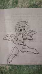 Size: 2368x4208 | Tagged: safe, artist:twinblade edge, derpibooru import, rainbow dash, looking at you, monochrome, on back, open mouth, solo, spreading, spread legs, spread wings, traditional art, wings