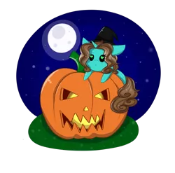 Size: 4049x4000 | Tagged: safe, artist:mimihappy99, derpibooru import, oc, oc:shimmer seadrift, unofficial characters only, pony, unicorn, chibi, commission, female, full moon, halloween, hat, heart eyes, holiday, jack-o-lantern, mare, moon, night, pumpkin, simple background, solo, transparent background, wingding eyes, witch hat, ych result