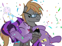 Size: 1152x858 | Tagged: safe, artist:theeditormlp, derpibooru import, oc, oc:prophetic prose, oc:the editor, unofficial characters only, earth pony, pony, female, glasses, hat, male, mare, party hat, simple background, stallion, transparent background