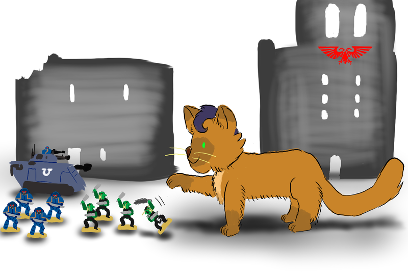 Size: 1500x1000 | Tagged: aquila, artist:horsesplease, bolter, capper dapperpaws, cat, catified, derpibooru import, figurine, gaming miniature, gun, imperium, leman russ, miniature, my little pony: the movie, ork, paint tool sai, safe, space marine, species swap, tactical squad, tank (vehicle), ultramarine, warhammer 40k, warhammer (game), weapon