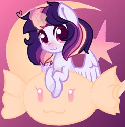 Size: 830x844 | Tagged: safe, artist:leanne264, derpibooru import, oc, oc:celestial moon, alicorn, pony, alicorn oc, candy, chibi, crescent moon, cutie mark background, female, food, horn, magical lesbian spawn, mare, moon, offspring, parent:rainbow dash, parent:twilight sparkle, parents:twidash, solo, wings