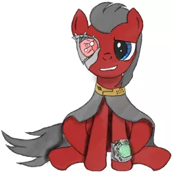 Size: 894x894 | Tagged: safe, artist:thestive19, derpibooru import, oc, oc:red eye, unofficial characters only, cyborg, earth pony, pony, fallout equestria, fanfic, cyber eyes, fallout, fanfic art, grin, hooves, looking at you, male, pipbuck, sheepish grin, simple background, sitting, smiling, solo, stallion, white background