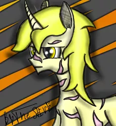 Size: 1100x1200 | Tagged: safe, artist:thestive19, derpibooru import, oc, oc:goldenblood, unofficial characters only, pony, unicorn, fallout equestria, fallout equestria: project horizons, abstract background, bust, fanfic art, horn, male, portrait, scar, solo, stallion