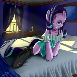 Size: 4000x4000 | Tagged: suggestive, artist:cluvry, derpibooru import, starlight glimmer, pony, unicorn, absurd resolution, bed, bedroom eyes, clothes, female, mare, socks, solo, solo female, stockings, thigh highs, window