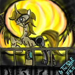 Size: 1500x1500 | Tagged: safe, artist:thestive19, derpibooru import, oc, oc:goldenblood, unofficial characters only, cyborg, pony, unicorn, fallout equestria, fallout equestria: project horizons, abstract background, cyber legs, fanfic art, grin, hooves, horn, male, pipbuck, raised hoof, scar, signature, smiling, solo, stallion