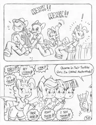 Size: 849x1100 | Tagged: alicorn, anthro, applejack, artist:circe, black and white, chico marx, comic:soreloser, derpibooru import, grayscale, groucho marx, harpo marx, inspector jacques clouseau, lineart, louise the singing harp, marx brothers, monochrome, pinkie pie, rainbow dash, safe, the usual suspects, traditional art, twilight sparkle, twilight sparkle (alicorn), unguligrade anthro