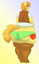 Size: 1848x3000 | Tagged: anthro, artist:lupin quill, belly, bhm, big belly, blushing, braeburn, braebutt, butt, chubby, chubby cheeks, clothes, derpibooru import, fat, femboy, large butt, leather, looking back, male, missing accessory, panties, presenting, shirt, simple background, socks, solo, solo male, suggestive, the ass was fat, thigh highs, thighs, thunder thighs, tight clothing, underwear, unguligrade anthro, waistcoat, wide hips