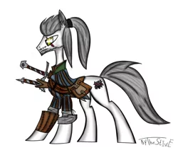 Size: 1024x870 | Tagged: safe, artist:thestive19, derpibooru import, ponified, earth pony, pony, clothes, cutie mark, geralt of rivia, hooves, male, ponytail, scar, signature, simple background, solo, stallion, sword, the witcher, weapon, white background