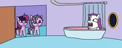 Size: 1261x499 | Tagged: alicorn, artist:logan jones, bath, bathroom, bathtub, blank stare, derpibooru import, door, have you seen this snail?, interrupted, night, rarity, safe, screaming, shower curtain, spongebob squarepants, starlight glimmer, twilight sparkle, twilight sparkle (alicorn), we don't normally wear clothes, wet, wet mane, where's gary, window