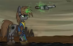 Size: 1680x1050 | Tagged: safe, artist:radinance, artist:thestive19, derpibooru import, oc, oc:littlepip, unofficial characters only, pony, unicorn, fallout equestria, fanfic, clothes, cutie mark, fanfic art, female, gun, handgun, hooves, horn, little macintosh, mare, pipbuck, revolver, solo, vault suit, wasteland, weapon