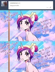 Size: 1280x1679 | Tagged: safe, artist:sugarberry, derpibooru import, princess cadance, alicorn, pony, alternate hairstyle, ask, ask-cadance, female, hair bun, mare, solo, tumblr