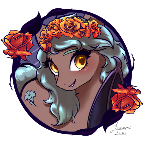 Size: 1500x1500 | Tagged: safe, artist:lenamilove, derpibooru import, oc, oc:moon bloom, unofficial characters only, bat pony, pony, bat pony oc, bat wings, commission, digital art, female, flower, flower in hair, frame, mare, simple background, smiling, solo, transparent background, wings, ych result