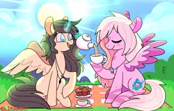 Size: 2200x1400 | Tagged: safe, artist:1racat, derpibooru import, oc, oc:hanalea, oc:rebecca, unofficial characters only, alicorn, pegasus, pony, alicorn oc, commission, cup, digital art, duo, eyes closed, female, food, horn, jewelry, magic, mare, muffin, necklace, open mouth, picnic, picnic blanket, signature, sitting, smiling, sun, tea, teacup, telekinesis, wings, ych result