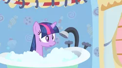 Size: 1360x768 | Tagged: safe, derpibooru import, screencap, twilight sparkle, pony, unicorn, feeling pinkie keen, amused, bath, bathing, bathroom, bubble, female, giving twilight a bath, image, mare, png, restroom, shower, solo, unicorn twilight, wet, wet mane