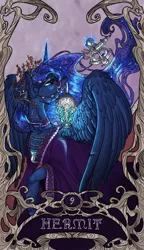 Size: 822x1425 | Tagged: safe, artist:sourcherry, derpibooru import, princess luna, alicorn, pony, clothes, ethereal mane, female, hermit, horn, lantern, magic, magic aura, major arcana, mare, modern art, nouveau, robe, sextant, solo, starry mane, tarot, tarot card, wings