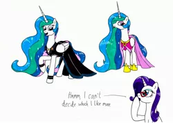 Size: 3495x2468 | Tagged: safe, artist:killerteddybear94, derpibooru import, princess celestia, rarity, alicorn, pony, unicorn, :p, beautiful, clothes, comparison, cute, cutelestia, dialogue, dress, eyeshadow, female, glasses, indecisive, jewelry, lidded eyes, makeup, mare, multicolored mane, multicolored tail, necklace, open mouth, rarity's glasses, sillestia, silly, tongue out, traditional art, wristband