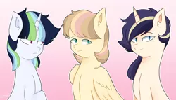 Size: 1400x800 | Tagged: safe, artist:sweetpieee, derpibooru import, oc, oc:annie breeze, oc:lucia, oc:starlight sparkle, unofficial characters only, pegasus, pony, unicorn, female, magical lesbian spawn, mare, offspring, parent:applejack, parent:big macintosh, parent:fluttershy, parent:rainbow dash, parent:rarity, parent:twilight sparkle, parents:fluttermac, parents:rarijack, parents:twidash