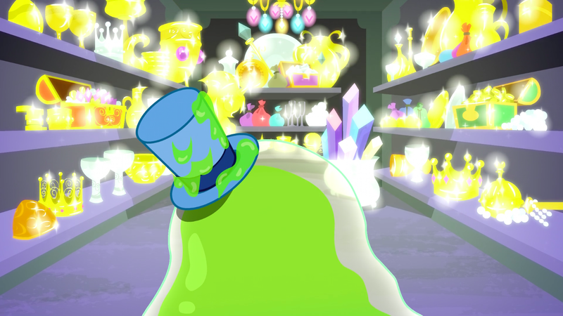 Size: 1440x810 | Tagged: crown, crystal, derpibooru import, goblet, gold, hat, jewelry, make new friends but keep discord, male, regalia, safe, screencap, slime, smooze, solo, sparkles, this will not end well, top hat, treasure, treasure chest, treasure room