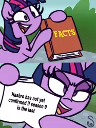 Size: 540x722 | Tagged: alicorn, artist:quarium edits, derpibooru import, ed edd n eddy, end of ponies, exploitable meme, facts, hilarious in hindsight, image macro, inaccurate, meme, sad in hindsight, safe, season 9, solo, spoiler:s09, twilight's fact book, twilight sparkle, twilight sparkle (alicorn)