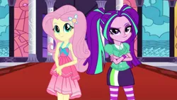 Size: 1280x720 | Tagged: safe, artist:bigpurplemuppet99, derpibooru import, aria blaze, fluttershy, equestria girls, ariashy, clothes, dress, female, flutterblaze, lesbian, shipping, skirt