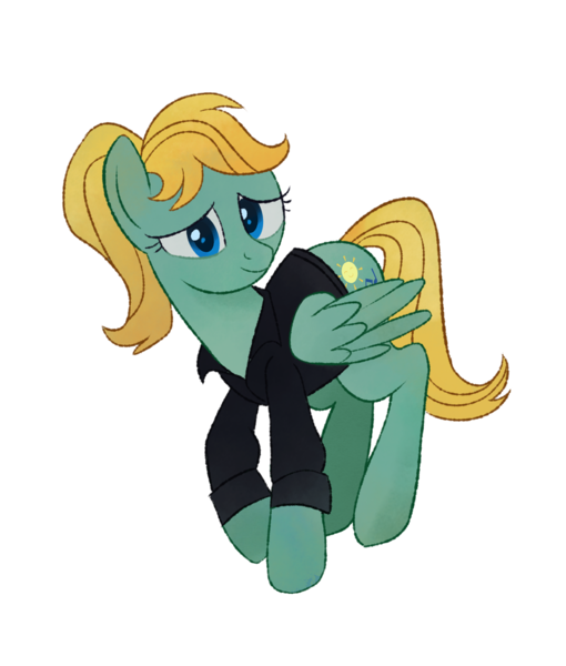Size: 1627x1913 | Tagged: safe, artist:mellowhen, derpibooru import, oc, oc:sunny hymn, unofficial characters only, pegasus, pony, fallout equestria, fallout equestria: red 36, clothes, fanfic art, female, looking at someone, ponytail, shirt, simple background, smiling, solo, transparent background