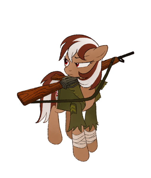 Size: 1627x1913 | Tagged: safe, artist:mellowhen, derpibooru import, oc, oc:roulette, unofficial characters only, earth pony, pony, fallout equestria, fallout equestria: red 36, clothes, conflicted, fanfic art, female, gun, hoof wraps, jacket, looking at something, rifle, simple background, solo, transparent background, weapon