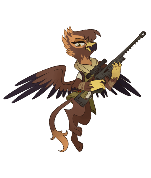 Size: 1627x1913 | Tagged: safe, artist:mellowhen, derpibooru import, oc, oc:gabriela hawkins, unofficial characters only, gryphon, fallout equestria, fallout equestria: red 36, annoyed, bandolier, clothes, fanfic art, female, flying, gun, pouches, rifle, scarf, simple background, sniper, sniper rifle, solo, transparent background, vest, weapon