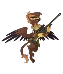 Size: 1627x1913 | Tagged: safe, artist:mellowhen, derpibooru import, oc, oc:gabriela hawkins, unofficial characters only, gryphon, fallout equestria, fallout equestria: red 36, annoyed, bandolier, clothes, fanfic art, female, flying, gun, pouches, rifle, scarf, simple background, sniper, sniper rifle, solo, transparent background, vest, weapon