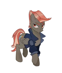 Size: 1627x1913 | Tagged: safe, artist:mellowhen, derpibooru import, oc, oc:hotshot, unofficial characters only, pegasus, pony, fallout equestria, fallout equestria: red 36, clothes, fanfic art, frown, jacket, looking at something, male, mohawk, simple background, solo, stallion, transparent background