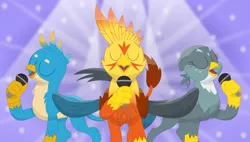 Size: 1186x673 | Tagged: safe, artist:porygon2z, derpibooru import, gabby, gallus, oc, oc:blaze, gryphon, microphone, singing, trio