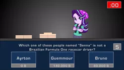 Size: 720x405 | Tagged: safe, artist:rodan00, derpibooru import, starlight glimmer, equestria girls, ayrton senna, barely pony related, bits, bruno senna, game show, senna, senna guemmour, solo