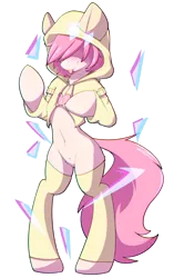 Size: 1783x2842 | Tagged: safe, artist:rileyisherehide, derpibooru import, fluttershy, semi-anthro, :p, blushing, butterscotch, clothes, femboy, hoodie, male, open-chest hoodie, pubic fluff, rule 63, silly, simple background, socks, solo, standing, sweater, thigh highs, tongue out, transparent background
