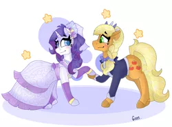 Size: 2280x1691 | Tagged: safe, artist:gissel00001, derpibooru import, applejack, rarity, earth pony, pony, unicorn, alternate hairstyle, beautiful, blushing, clothes, crown, cute, cutie mark, daaaaaaaaaaaw, dress, ear piercing, earring, female, freckles, holding hooves, jackabetes, jacket, jewelry, lesbian, looking at each other, love, mare, marriage, missing accessory, piercing, pretty, raribetes, rarijack, regalia, shipping, sidemouth, simple background, wedding, wedding dress, white background