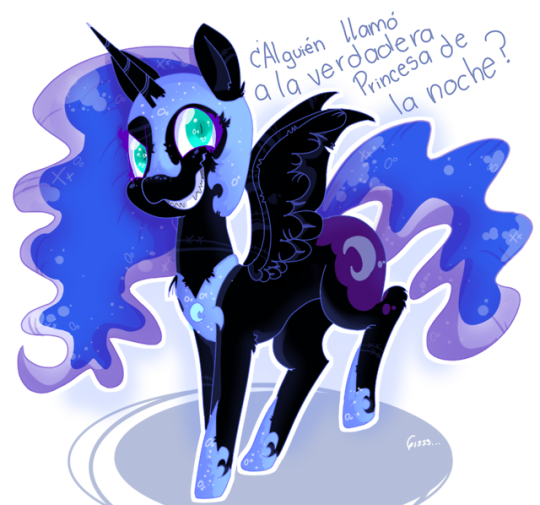 Size: 540x505 | Tagged: safe, artist:gissel00001, derpibooru import, nightmare moon, alicorn, pony, dialogue, ethereal mane, female, grin, helmet, hoof shoes, jewelry, looking at you, mare, question mark, regalia, simple background, slit eyes, smiling, solo, spanish, speech, spread wings, starry mane, talking, white background, wings