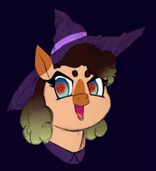 Size: 2587x2841 | Tagged: safe, artist:/d/non, artist:tacodeltaco, derpibooru import, oc, oc:heartspring, unofficial characters only, bust, hat, pentagram, pentagram eyes, purple background, simple background, solo, wingding eyes, witch hat