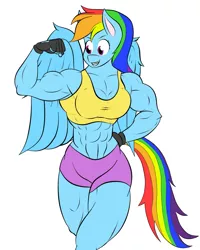 Size: 1145x1433 | Tagged: 1000 years in photoshop, abs, anthro, armpits, artist:calm wind, artist:matchstickman, biceps, breasts, busty rainbow dash, cleavage, clothes, derpibooru import, edit, female, flexing, gloves, midriff, muscles, rainbow dash, rainbuff dash, safe, simple background, solo, sports bra, white background