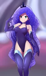 Size: 2200x3600 | Tagged: adorasexy, artist:rockset, beautiful, beautisexy, clothes, crown, cute, derpibooru import, evening gloves, female, gloves, human, humanized, jewelry, leotard, long gloves, princess luna, regalia, safe, sexy, smiling, solo