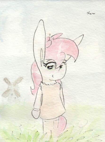 Size: 696x939 | Tagged: safe, artist:slightlyshade, derpibooru import, roseluck, pony, adorarose, bipedal, blushing, clothes, cute, dress, flower, flower in hair, long ears, socks, solo, traditional art, windmill