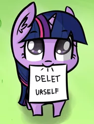 Size: 1080x1419 | Tagged: safe, artist:artiks, derpibooru import, edit, editor:apex soundwave, twilight sparkle, pony, unicorn, c:, caption, cute, delet this, female, filly, filly twilight sparkle, looking at you, looking up, meme, mouth hold, nom, paper, smiling, solo, twiabetes, unicorn twilight, younger