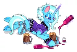 Size: 3315x2238 | Tagged: safe, artist:xxsilvixx, derpibooru import, trixie, alcohol, alternate hairstyle, beer, chains, clothes, drunk, jacket, lidded eyes, punk, smiling, solo, the great and alcoholics trixie, traditional art, wine