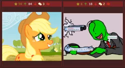 Size: 522x284 | Tagged: 4chan, alicorn, applejack, derpibooru, derpibooru import, gun, happlejack, implied death, juxtaposition, meme, meta, oc, oc:anon, oc:nyx, semi-grimdark, smiling, this will end in death, tom and jerry, weapon